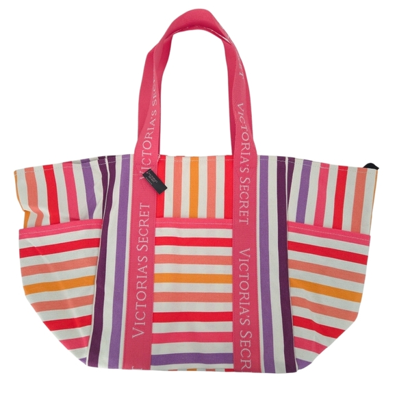 Victoria's Secret Handbags - NWT Victoria's Secret Pink Rainbow Striped Large Weekender Canvas Beach Tote Bag